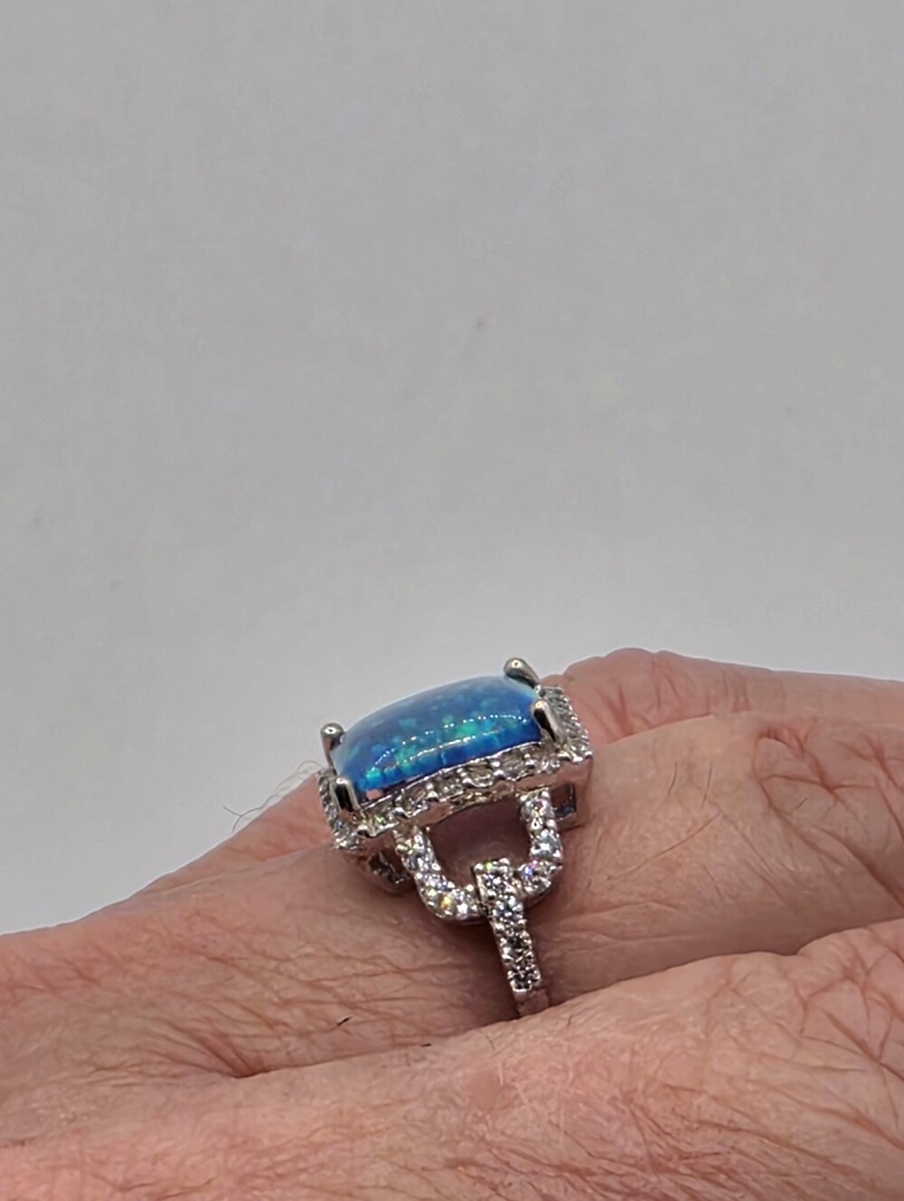 Solid .925 Sterling Silver Radiant Shape Blue Fire Opal & CZ Ring - Picture 3 of 4